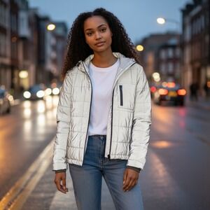 Zara Reflective Silver Grey Hooded Puffer Jacket Women's Quilted Techwear Coat